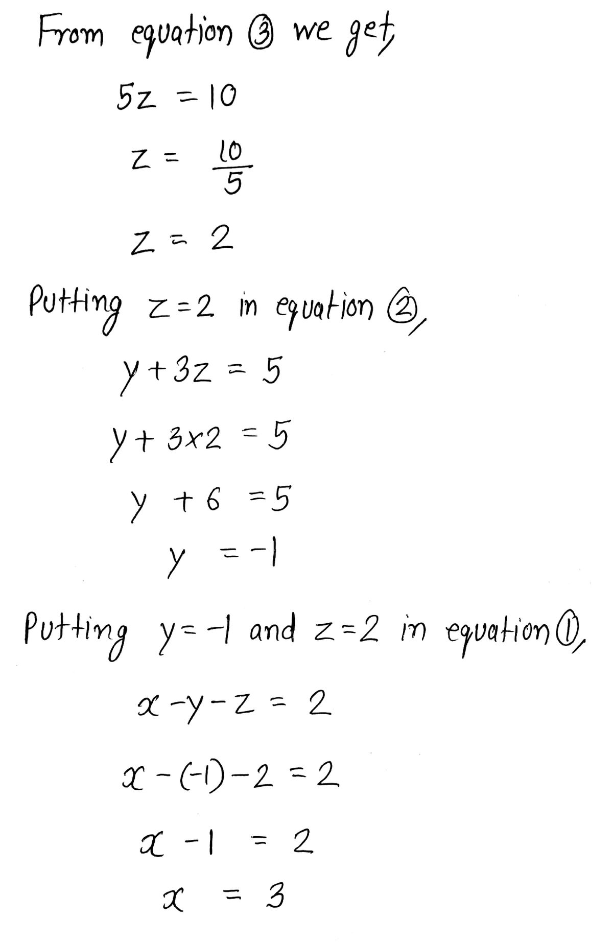 Answered: Solve the system x-y-z= 2 , y + 3z = 5… | bartleby