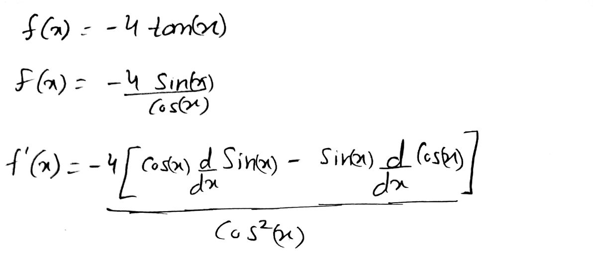 Answered: Find the derivative of f (x) = -4 tan… | bartleby