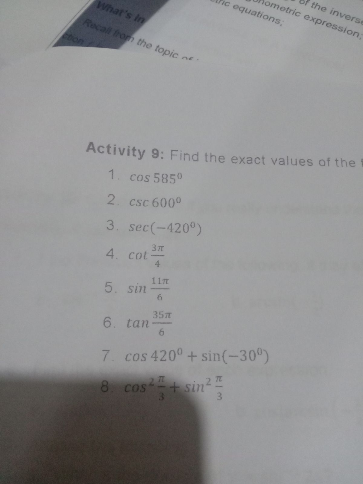 Answered Activity 9 Find The Exact Values Of Bartleby