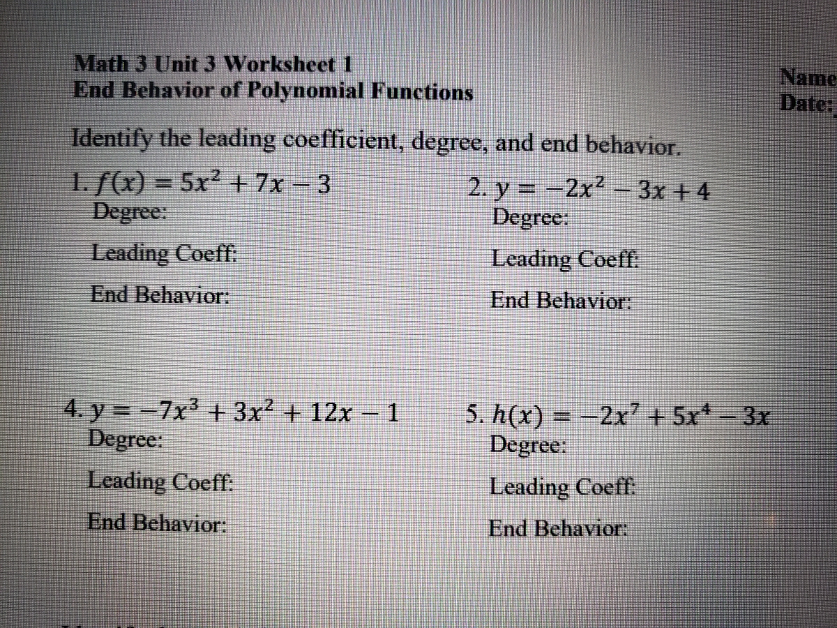 Math 3 Unit 3 Worksheet 1
