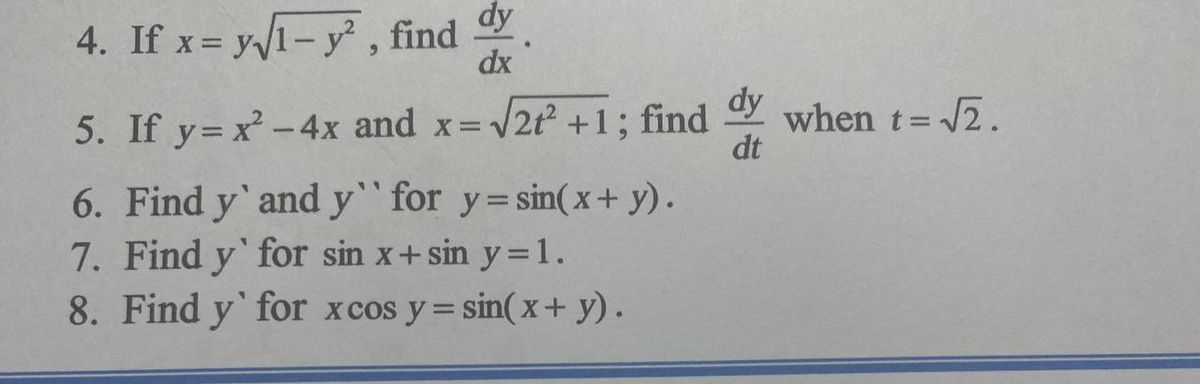 Answered 4 If X Y 1 Y Find Dy Dx 5 If Y Bartleby