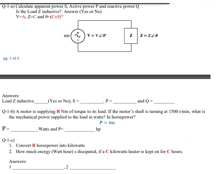 Answered Q 1 A Calculate Apparent Power S Bartleby