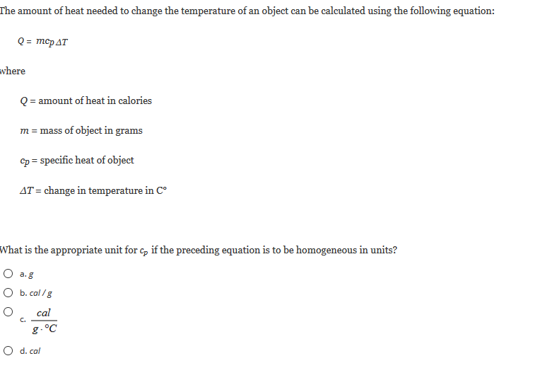 Answered What Is The Appropriate Unit For C If Bartleby