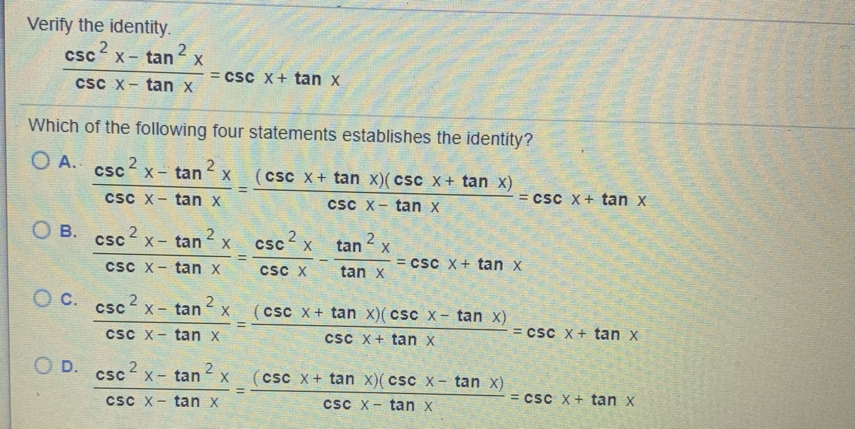 Answered Verify The Identity Csc X Tanx Csc X Bartle