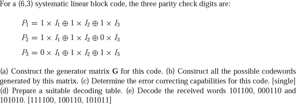 Answered For A 6 3 Systematic Linear Block Bartleby