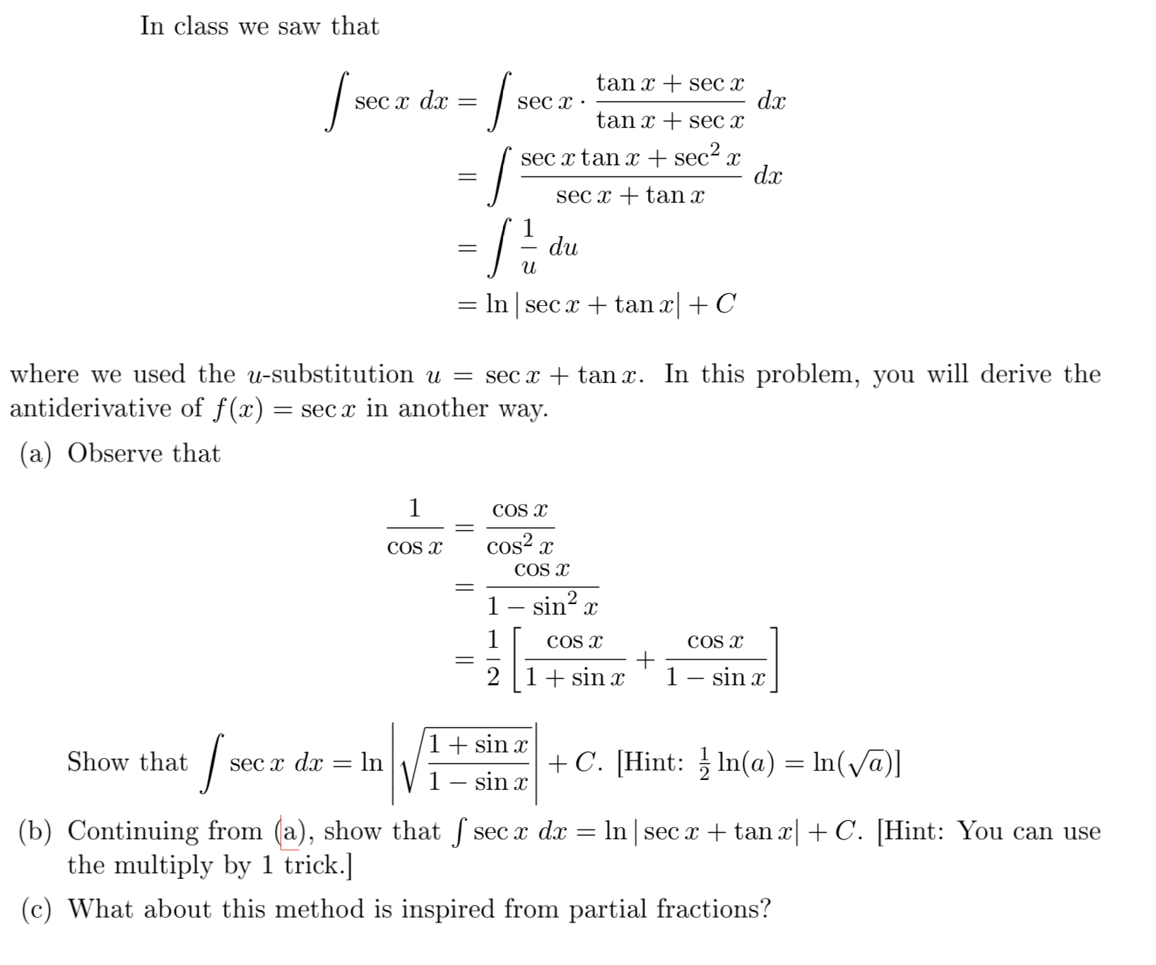 Answered In Class We Saw That Tan X Sec X Dx Bartleby