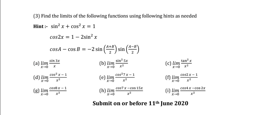 Answered Sin 3x A Lim X 0 X B Lim Sin 5x Bartle