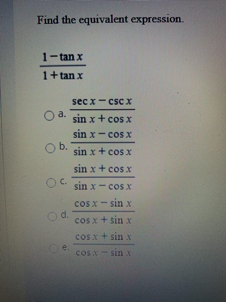 Answered 1 Tan X 1 Tan X Sec X Csc X A Sin X Bartleby