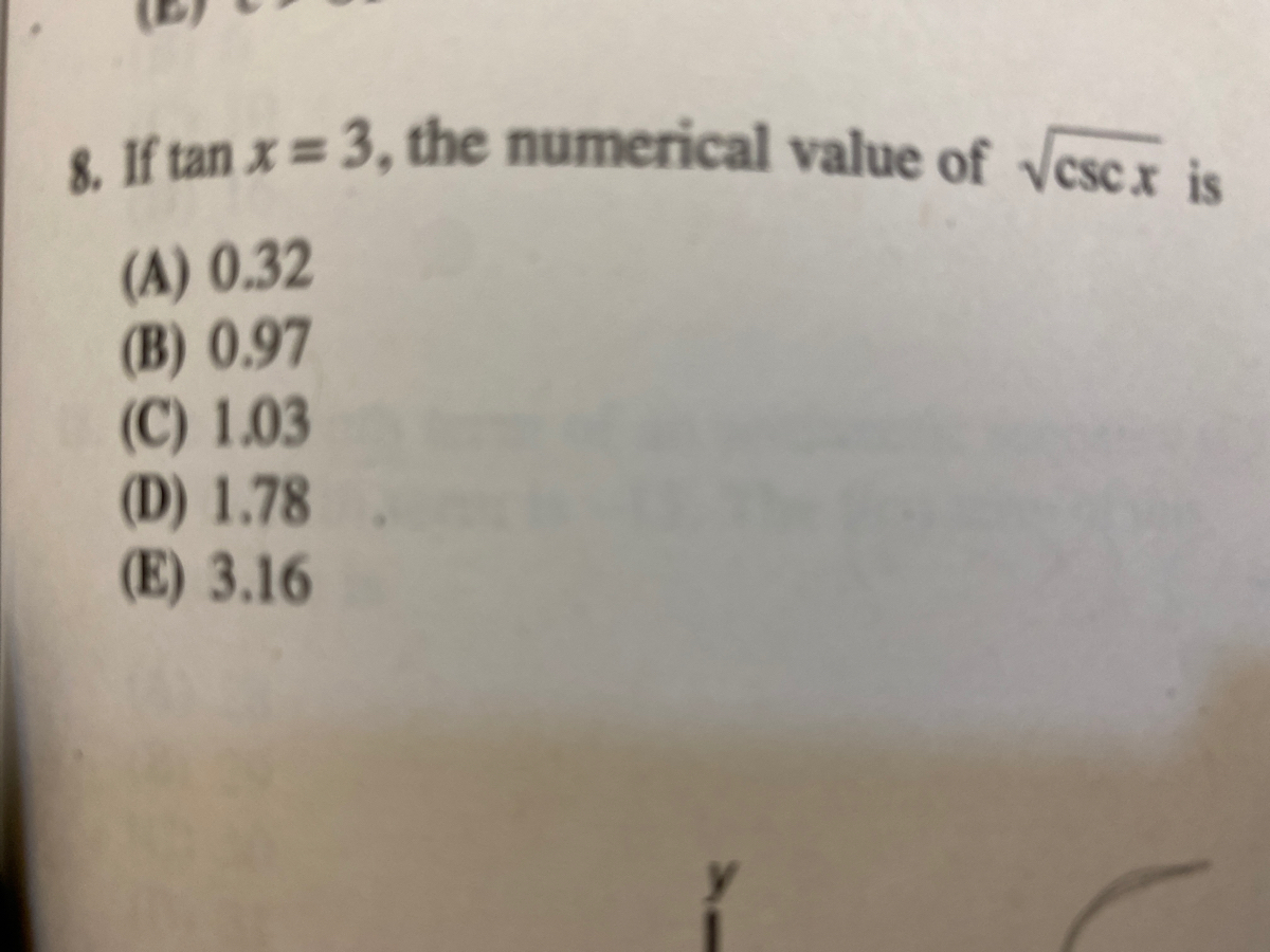 Answered 8 If Tan X 3 The Numerical Value Of Bartleby