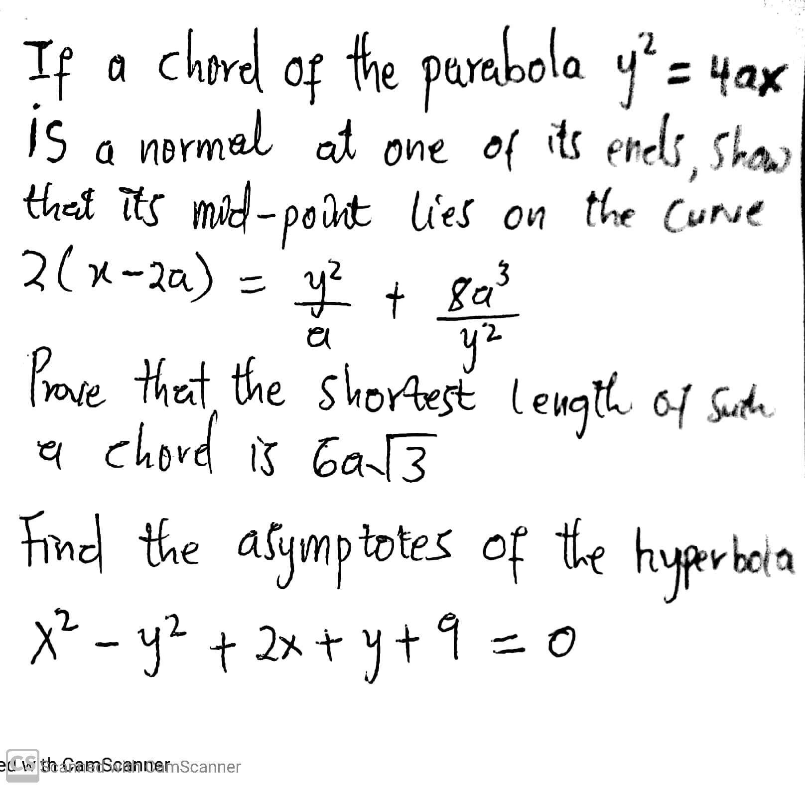 Answered A Chored Of The Parabola Y 4ax 4 4ax Bartleby