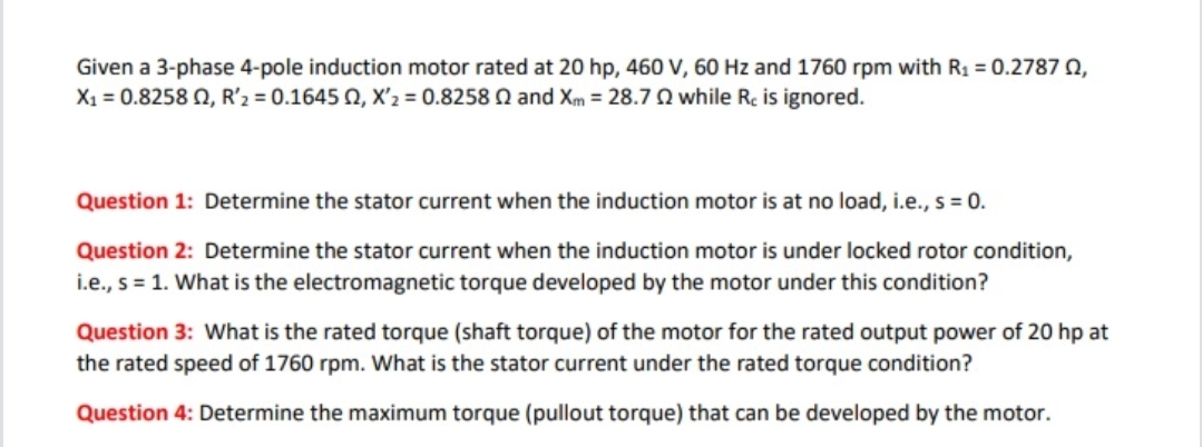 Answered Given A 3 Phase 4 Pole Induction Motor Bartleby