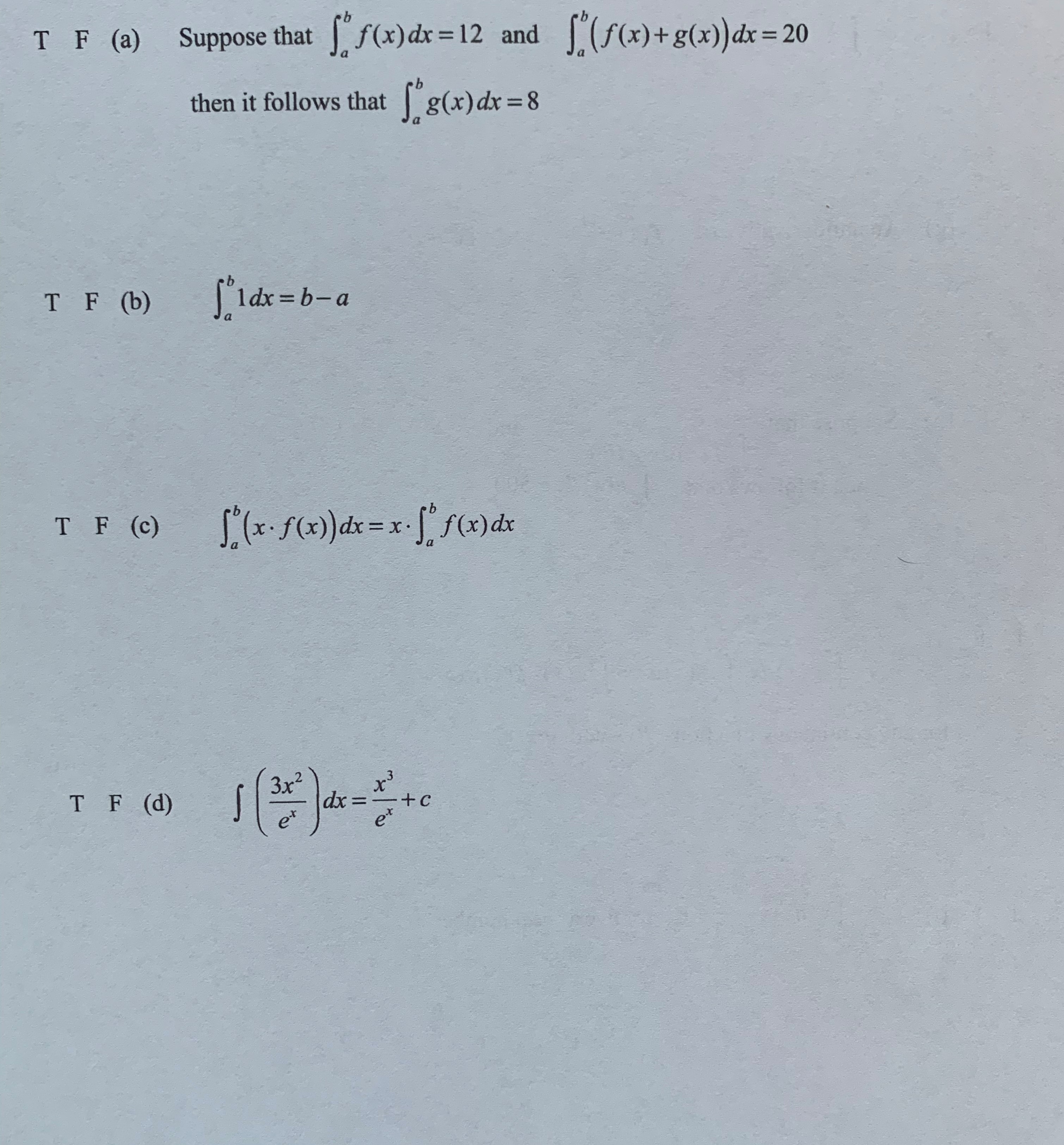 Answered T F A Suppose That F X Dx 12 And Bartleby