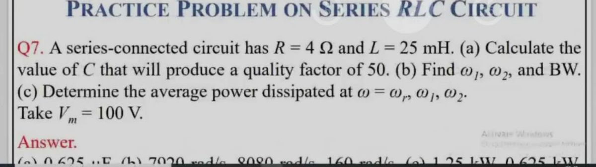 Answered Practice Problem On Series Rlc Circuit Bartleby
