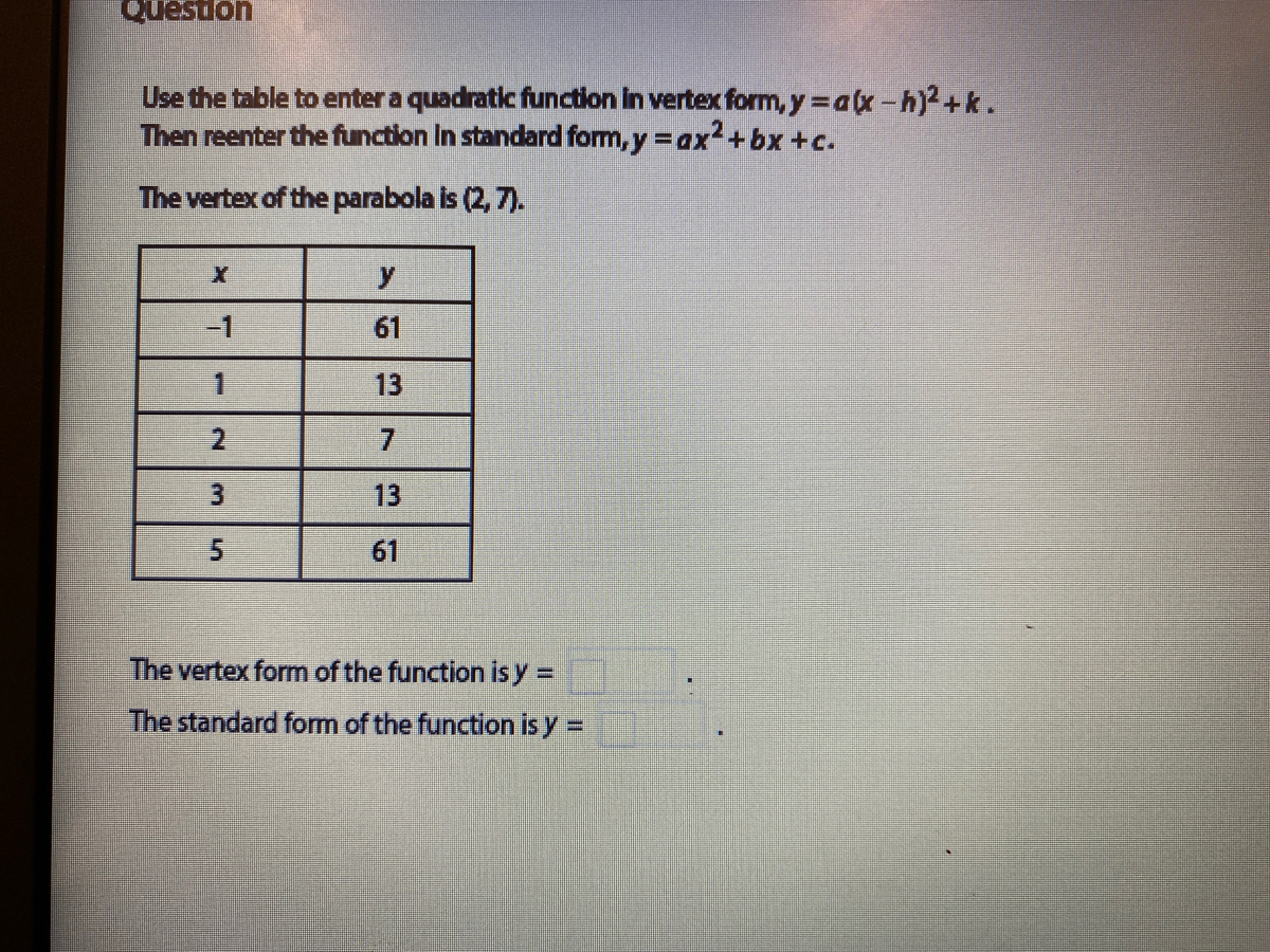 Answered Use The Table To Enter A Quadratic Bartleby