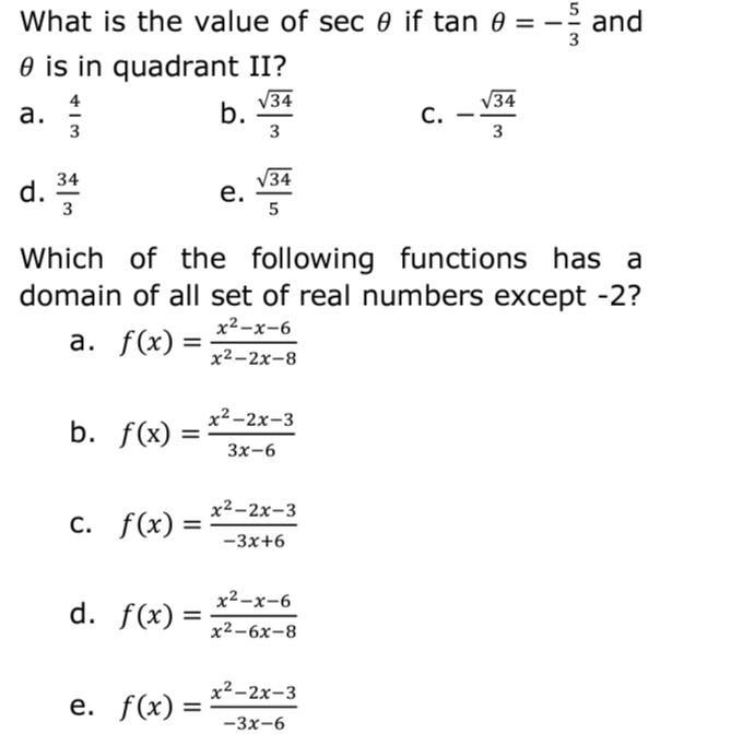 Answered What Is The Value Of Sec E If Tan 0 Bartleby