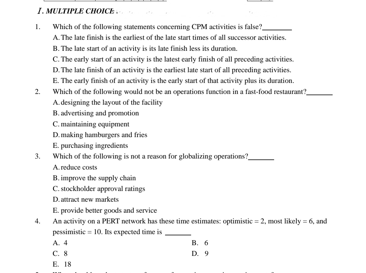 Answered I. MULTIPLE CHOICE 1. Which of the… bartleby