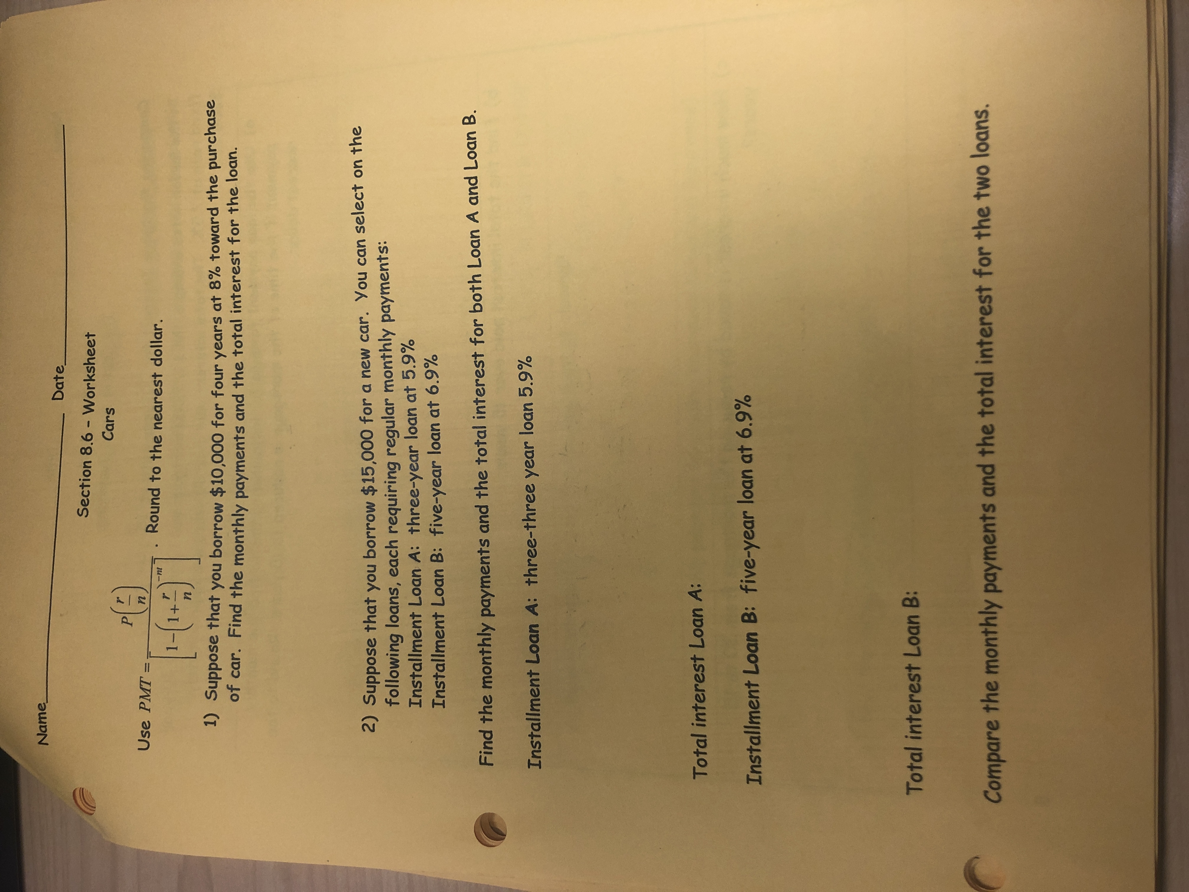 Answered: Name Date Section 8.6 - Worksheet Cars… | bartleby