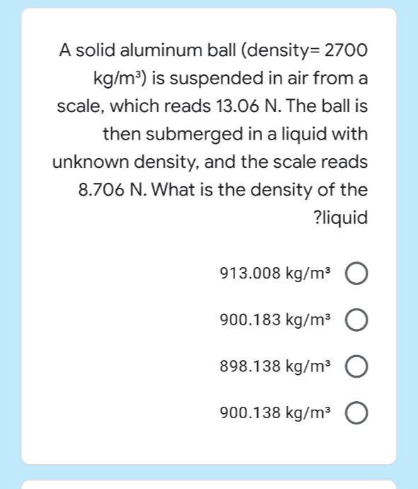 Answered: A solid aluminum ball (density= 2700… | bartleby