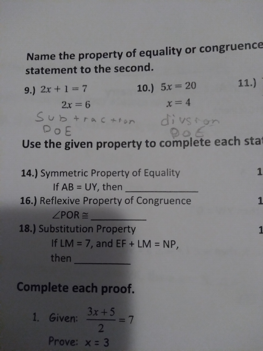 Answered Name The Property Of Equality Or Bartleby