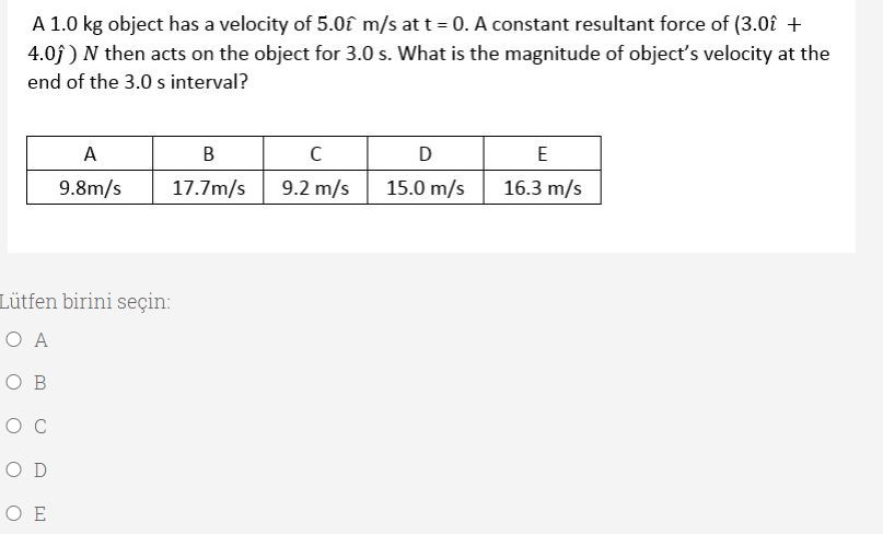 Answered A 1 0 Kg Object Has A Velocity Of 5 0f Bartleby