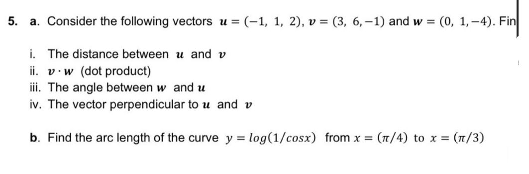 Answered 5 A Consider The Following Vectors U Bartleby