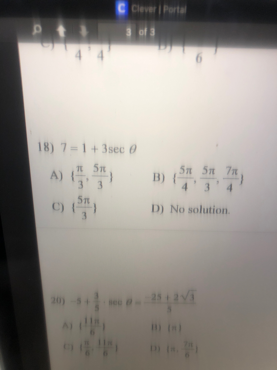 Answered: 18) 7=1+3sec 0 Tt S元 A) { 3 5n 5n 7n B)… | Bartleby