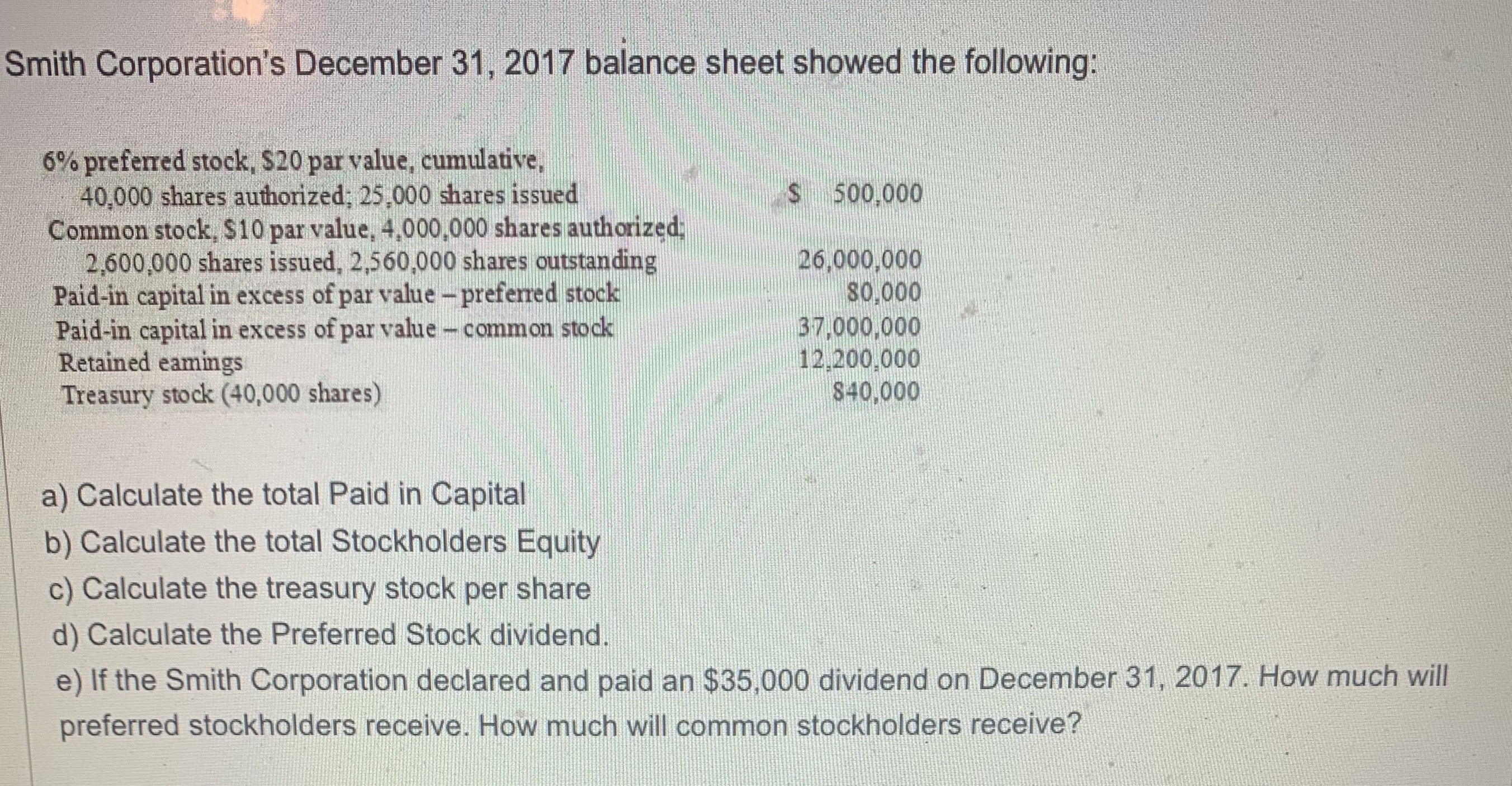 (Answered):Question Total Paid In Capital: Stockholders Equity Treasury ...