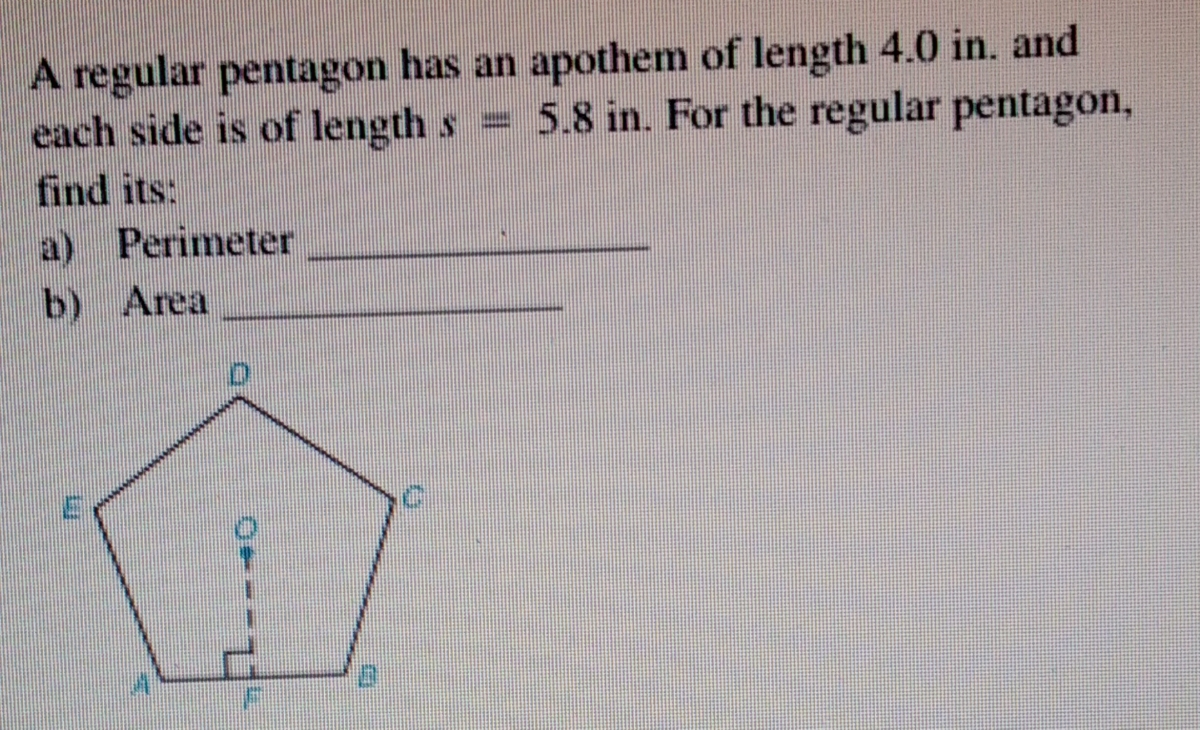 Answered: A regular pentagon has an apothem of… | bartleby