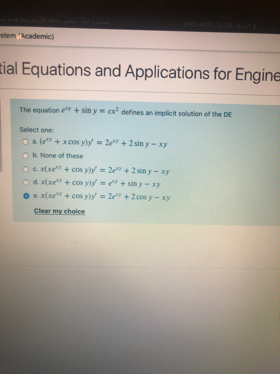 Answered The Equation E Sin Y Cx Defines An Bartleby