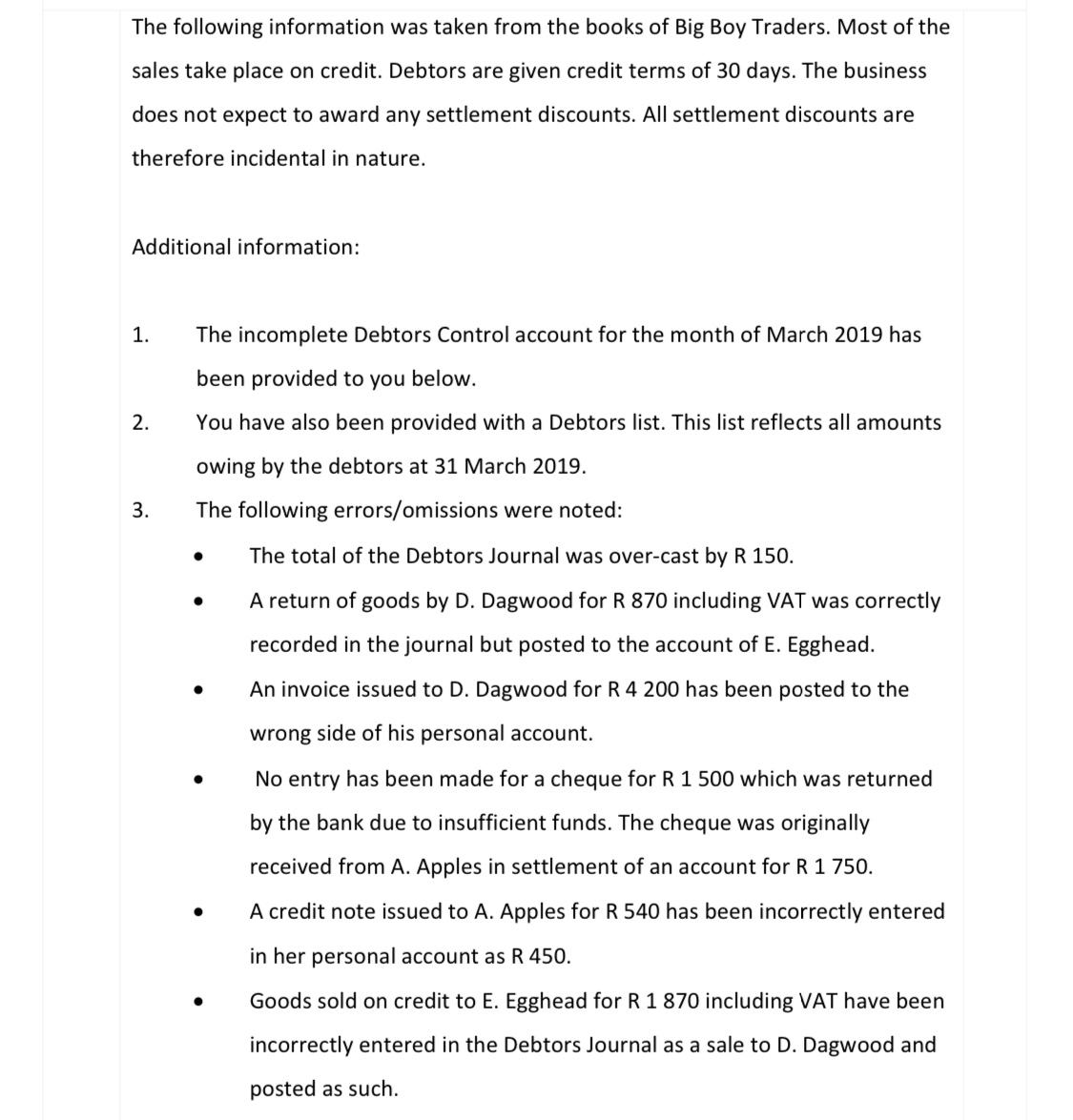 Answered: 1. Prepare a corrected Debtors Control… | bartleby