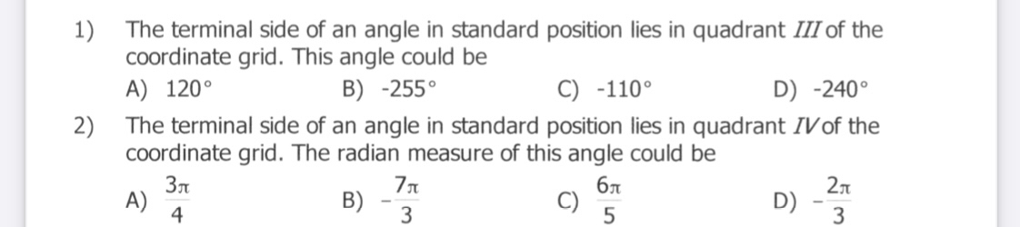 the terminal side of an angle in standard position