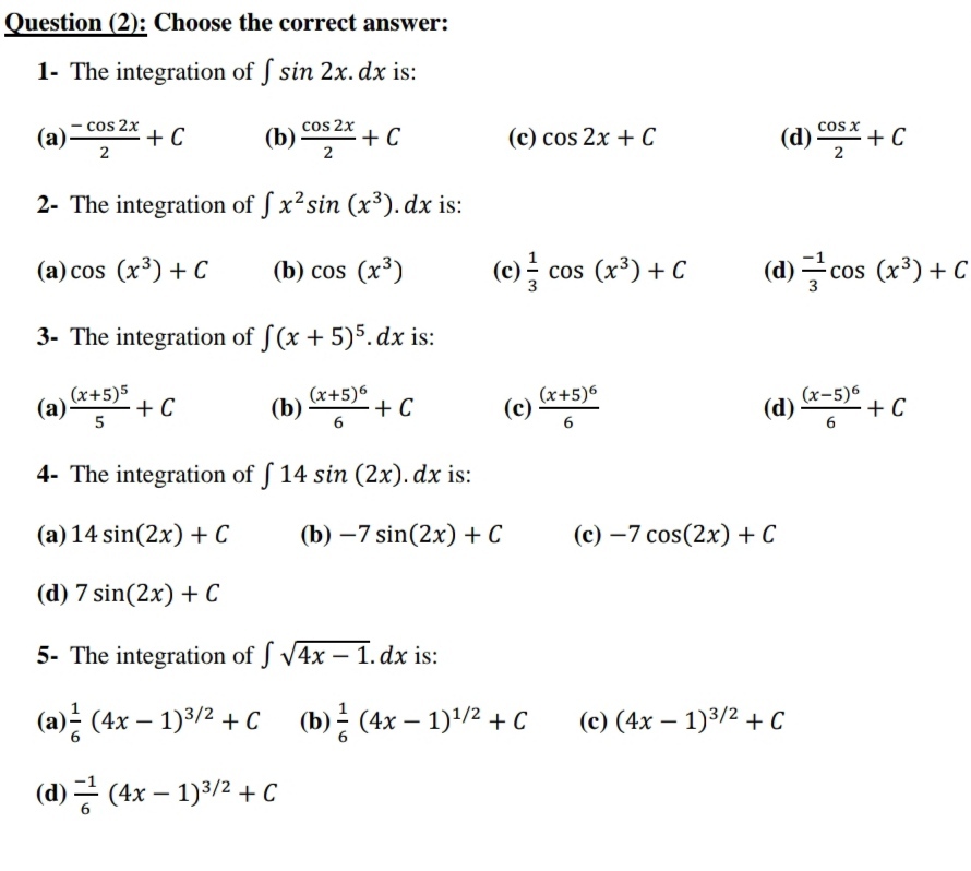 Answered 1 The Integration Of F Sin 2x Dx Is Bartleby