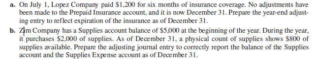a. On July 1, Lopez Company paid $1,200 for six months of insurance coverage. No adjustments have
been made to the Prepaid Insurance account, and it is now December 31. Prepare the year-end adjust-
ing entry to reflect expiration of the insurance as of December 31.
b. Zim Company has a Supplies account 

<div class=