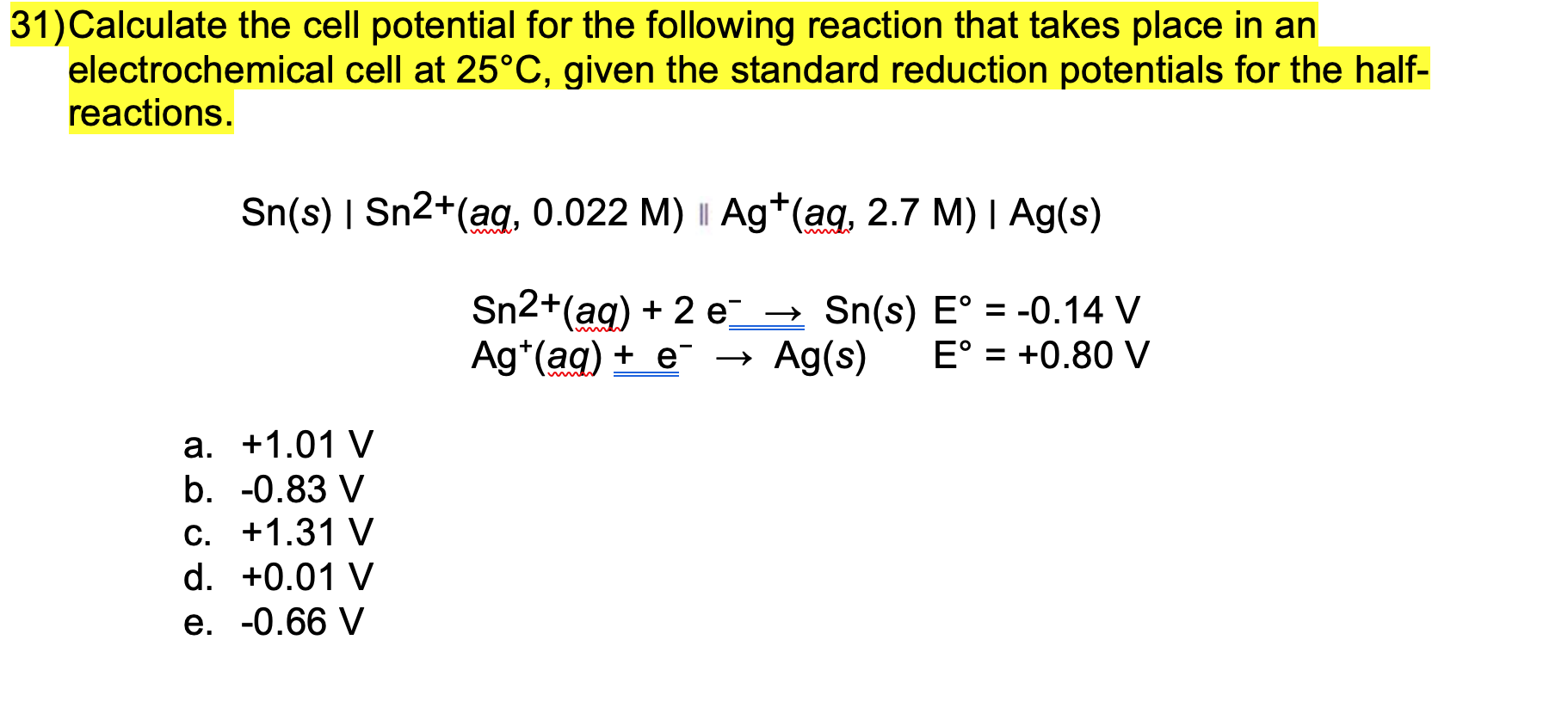 Answered 31 Calculate The Cell Potential For The Bartleby