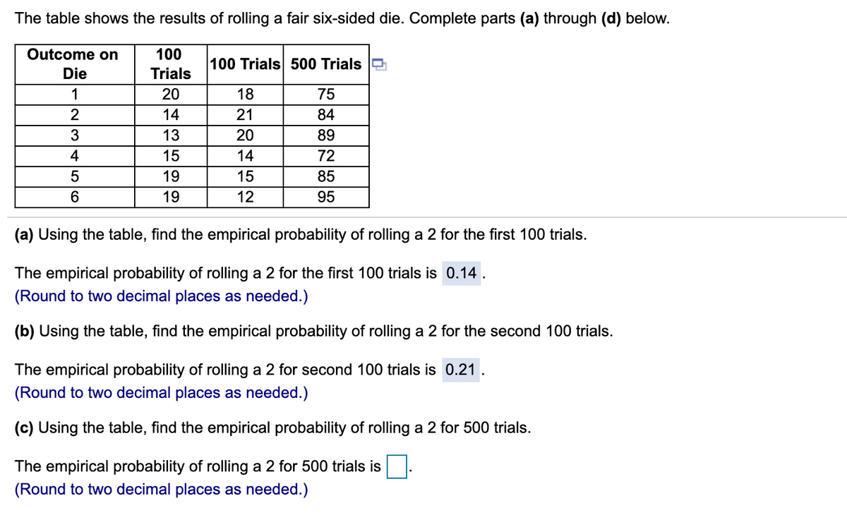 Answered: The Table Shows The Results Of Rolling… | Bartleby