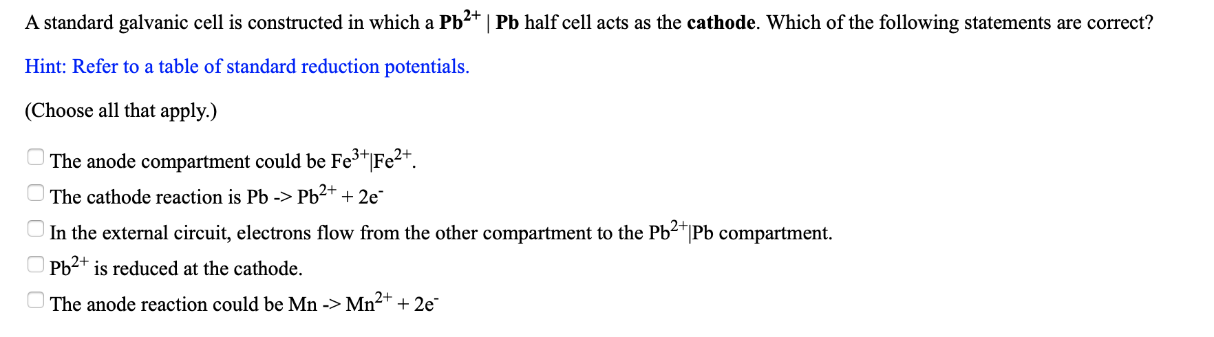 cathode reaction for fe and pb