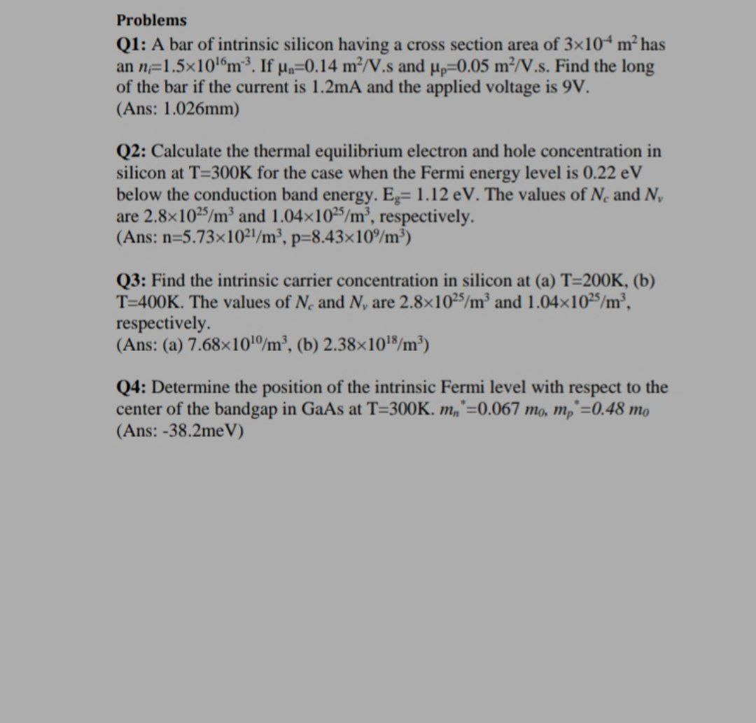 Answered Problems Q1 A Bar Of Intrinsic Silicon Bartleby