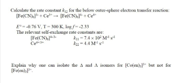 Answered Calculate The Rate Constant K12 For The Bartleby