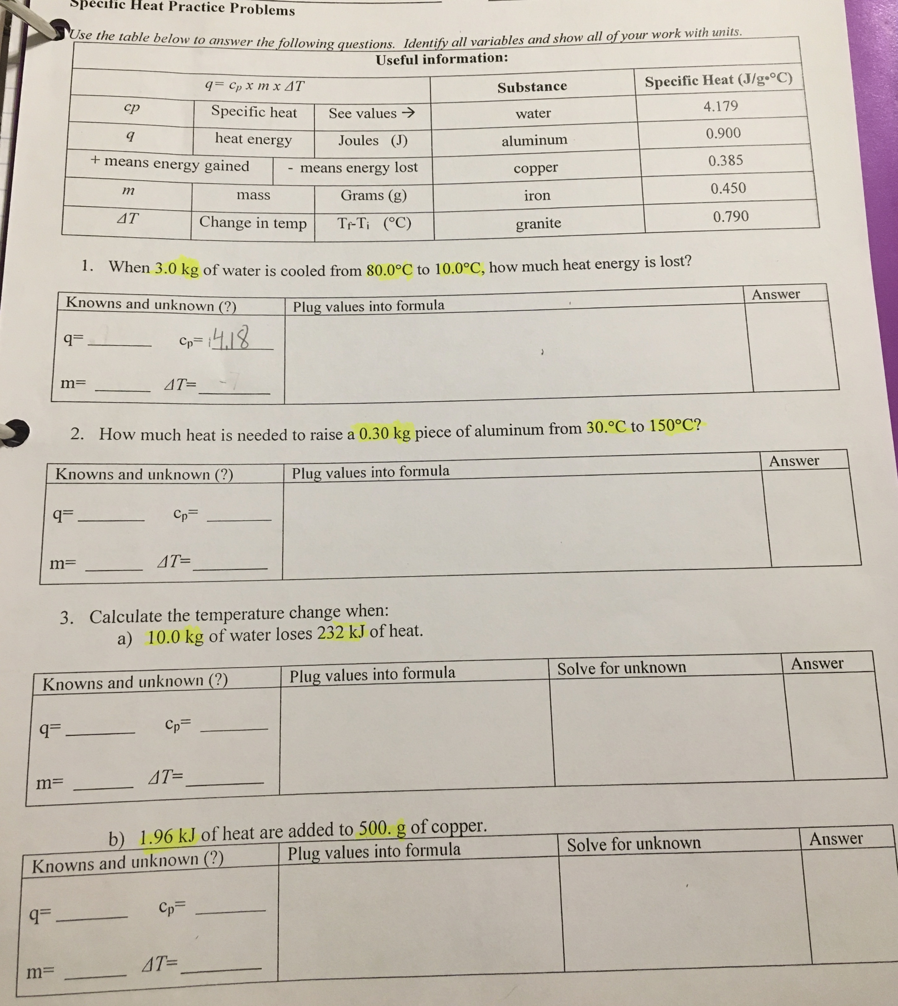 Answered Specific Heat Practice Problems Use The Bartle