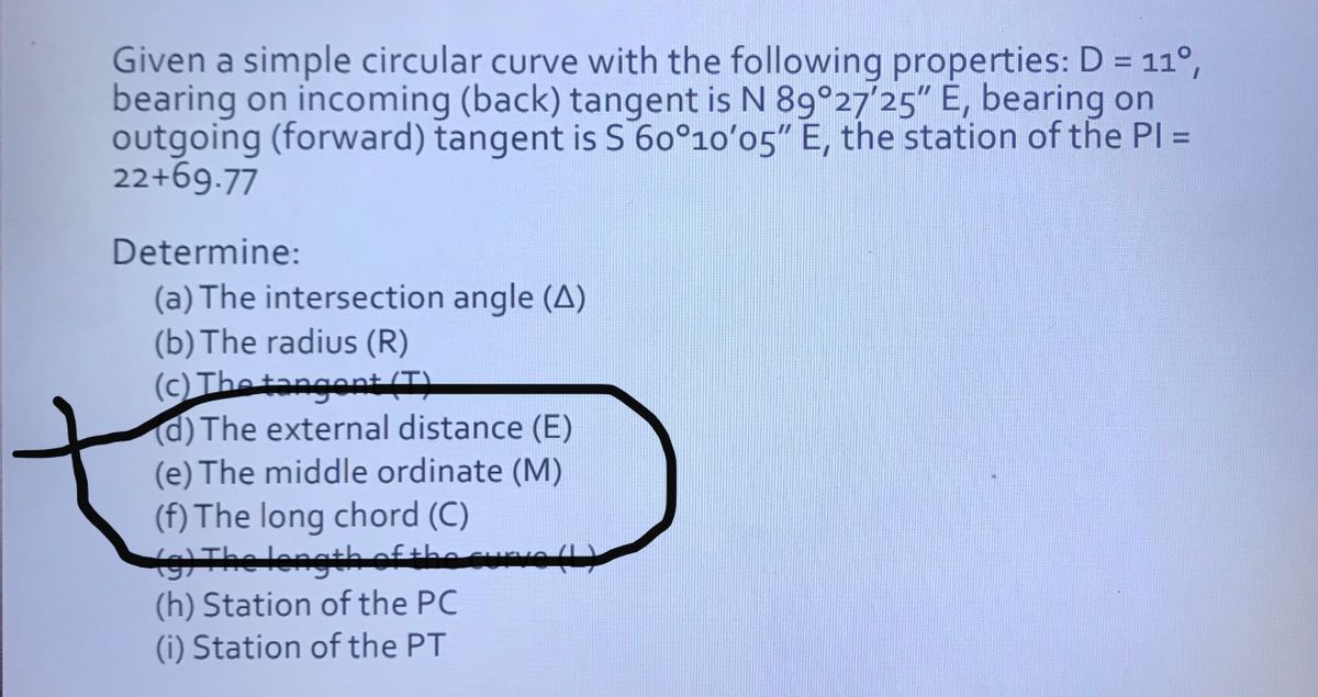 Answered Given A Simple Circular Curve With The Bartleby