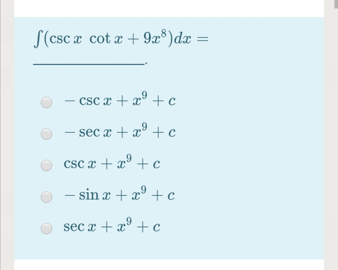 Answered S Csc X Cot X 9x Dx Csc X X C Bartleby