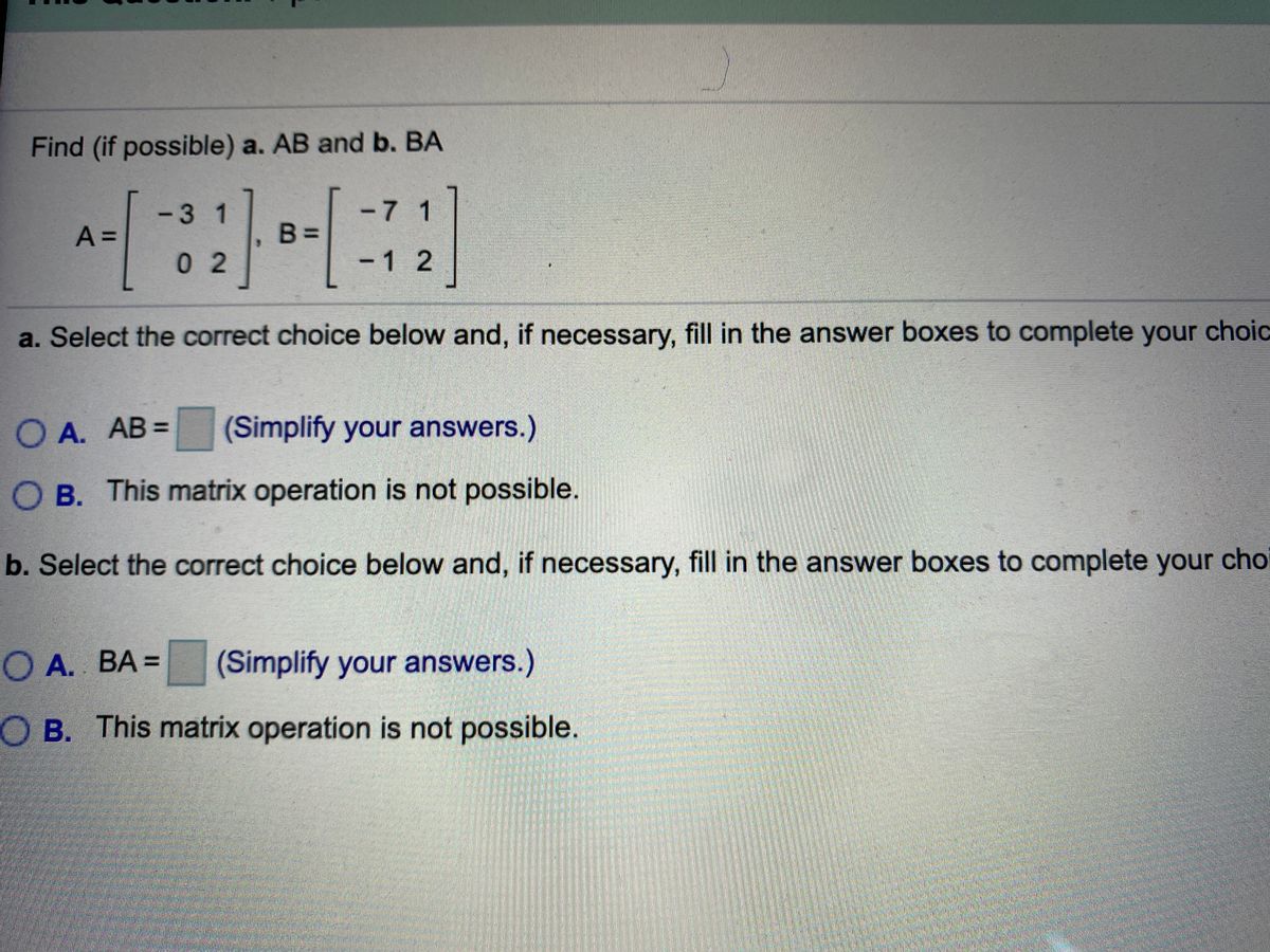 Answered: Find (if Possible) A. AB And B. BA -3 1… | Bartleby