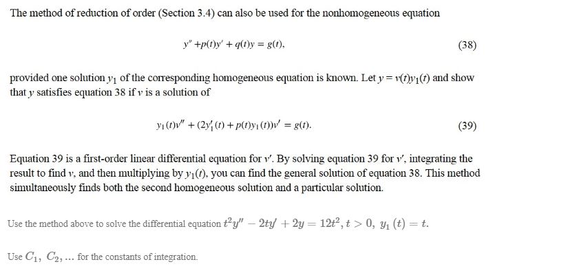 Answered The Method Of Reduction Of Order Bartleby