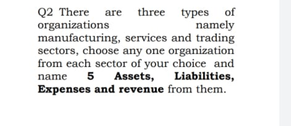 three types of
namely
manufacturing, services and trading
sectors, choose any one organization
from each sector of your choice and
Liabilities,
Expenses and revenue from them.
Q2 There are
organizations
name
5
Assets,
