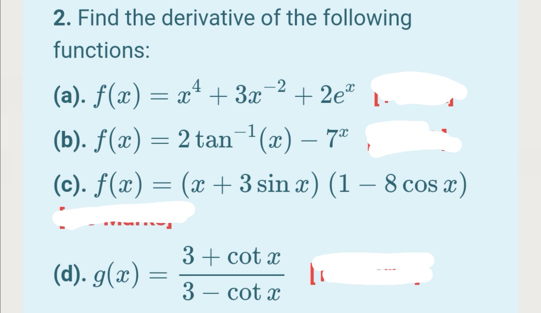 Answered 2 Find The Derivative Of The Following Bartleby