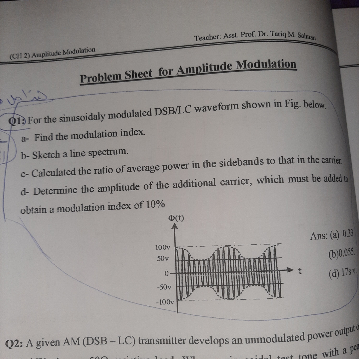 Answered Q1 For The Sinusoidaly Modulated Dsb Lc Bartleby