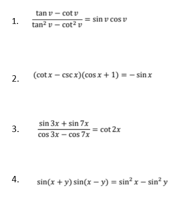 Answered: tan v – cot v = sin v cos v tan² v –… | bartleby