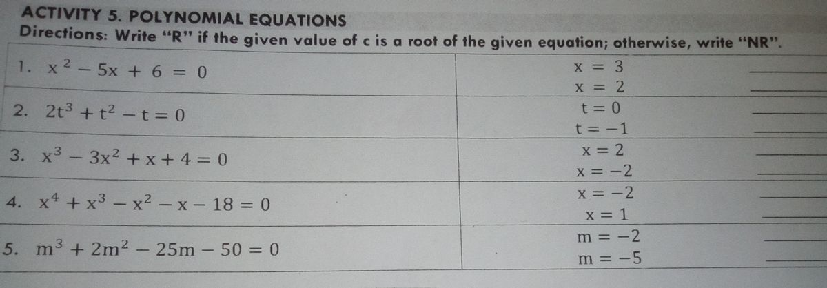 Answered Activity 5 Polynomial Equations Bartleby