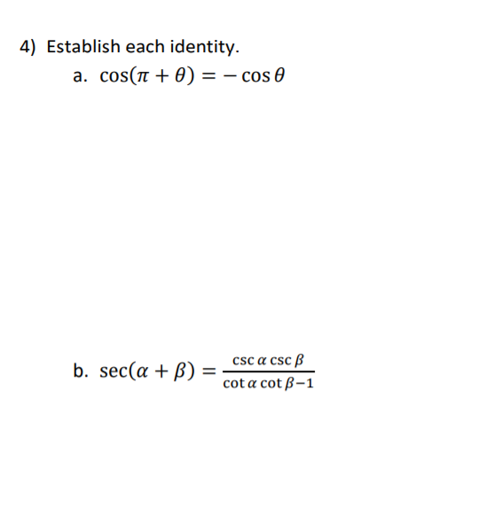 Answered 4 Establish Each Identity A Cos N Bartleby