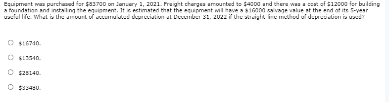 Equipment was purchased for $83700 on January 1, 2021. Freight charges amounted to $4000 and there was a cost of $12000 for building
a foundation and installing the equipment. It is estimated that the equipment will have a $16000 salvage value at the end of its 5-year
useful life. What is the amount of accumulated depreciation at December 31, 2022 if the straight-line method of depreciation is used?
O $16740.
O $13540.
O $28140.
$33480.
